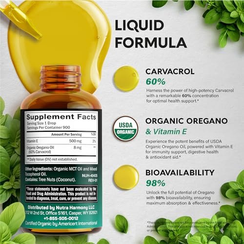 USDA Bio-Öl des Oreganos - Flüssige Tropfen mit Vitamin E - Nahrungsergänzungsmittel für Immununterstützung, Verdauungsgesundheit & Antioxidantien - GMO-frei, vegan & natürlich - 30 ml