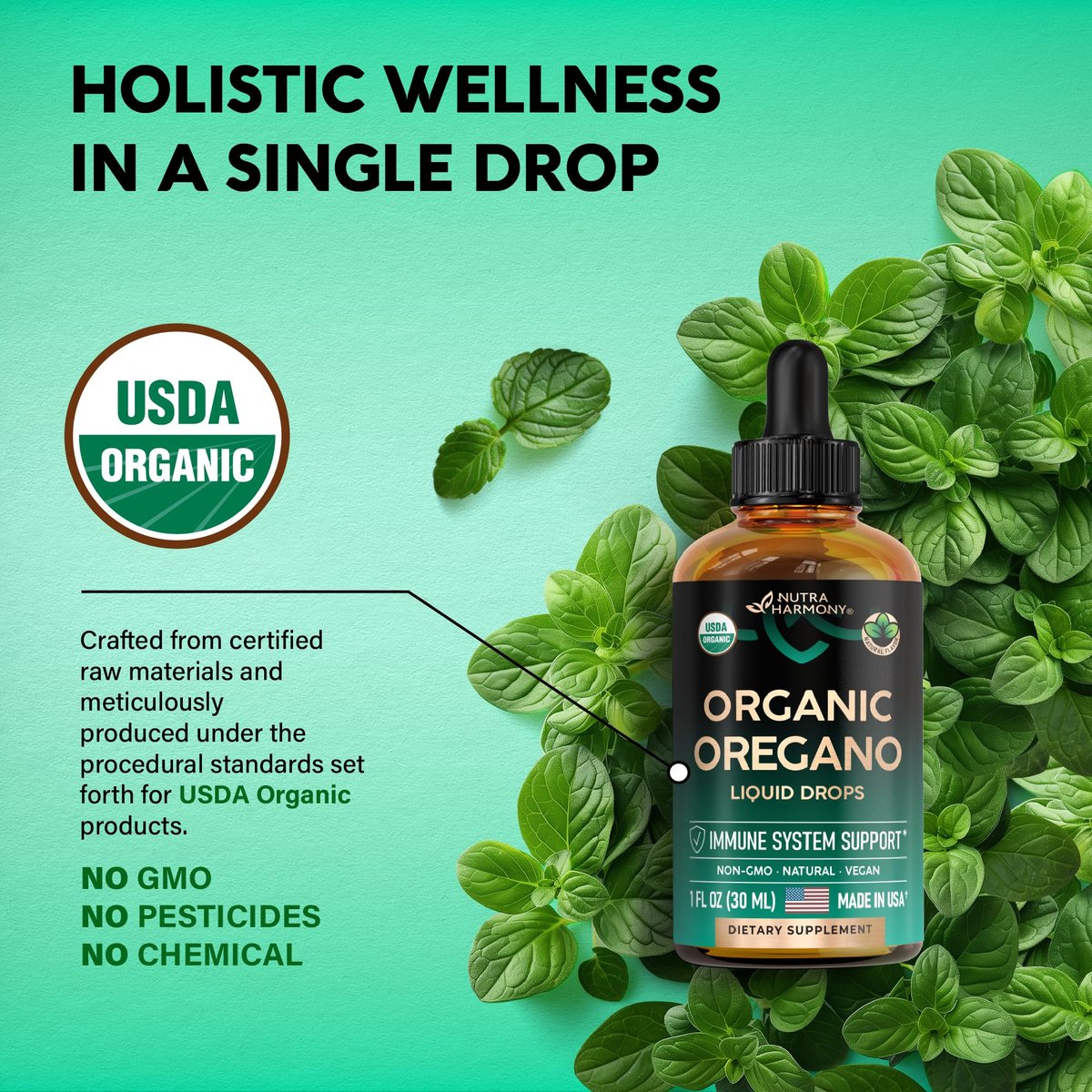 USDA Bio-Öl des Oreganos - Flüssige Tropfen mit Vitamin E - Nahrungsergänzungsmittel für Immununterstützung, Verdauungsgesundheit & Antioxidantien - GMO-frei, vegan & natürlich - 30 ml