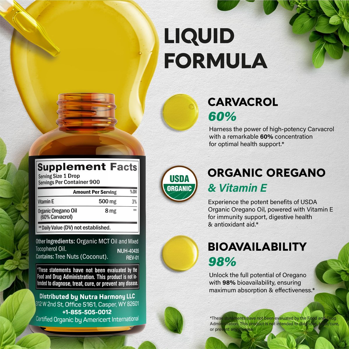 USDA Bio-Öl des Oreganos - Flüssige Tropfen mit Vitamin E - Nahrungsergänzungsmittel für Immununterstützung, Verdauungsgesundheit & Antioxidantien - GMO-frei, vegan & natürlich - 30 ml