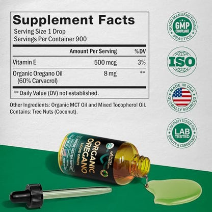 USDA Bio-Öl des Oreganos - Flüssige Tropfen mit Vitamin E - Nahrungsergänzungsmittel für Immununterstützung, Verdauungsgesundheit & Antioxidantien - GMO-frei, vegan & natürlich - 30 ml