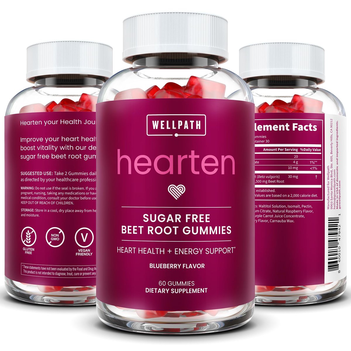 WellPath Rote-Bete-Gummis (Zuckerfrei - Heidelbeergeschmack) 1500 mg | Rote-Bete-Gummis zur Blutdruckunterstützung | Super Stickoxid-Gummis | Leckere Beeren-Bonbons | Antioxidantien | 60 Stück