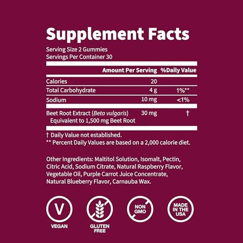 WellPath Rote-Bete-Gummis (Zuckerfrei - Heidelbeergeschmack) 1500 mg | Rote-Bete-Gummis zur Blutdruckunterstützung | Super Stickoxid-Gummis | Leckere Beeren-Bonbons | Antioxidantien | 60 Stück