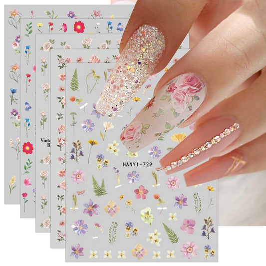 JMEOWIO 9 Blätter Frühlingsblumen Nagelaufkleber - Selbstklebende Nagelsticker, bunte sommerliche Blumen-Nagelkunst-Dekoration
