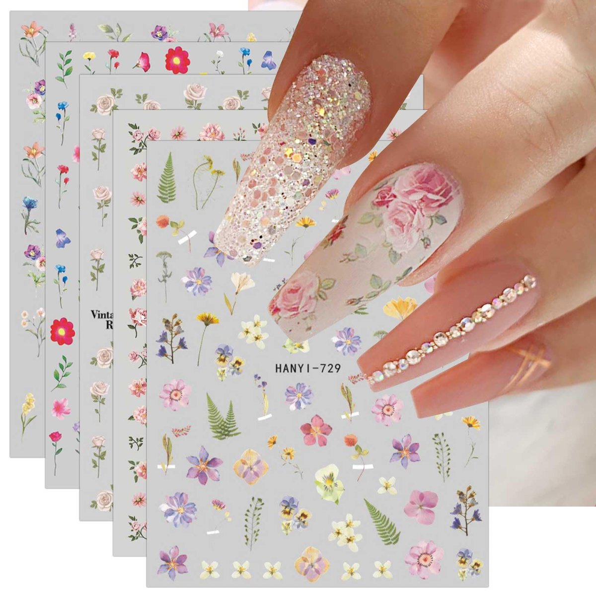 JMEOWIO 9 Blätter Frühlingsblumen Nagelaufkleber - Selbstklebende Nagelsticker, bunte sommerliche Blumen-Nagelkunst-Dekoration