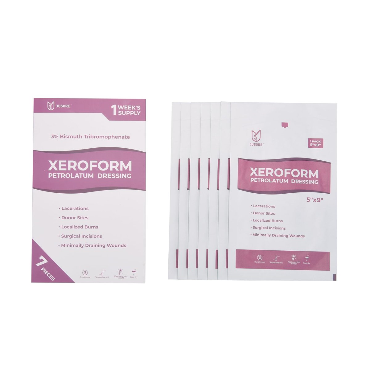 JUSORE Xeroform Petrolatum-Dressing 5"x9" – Medizinische nicht haftende Gaze-Wundauflage für Verbrennungen, Schnittwunden, Hauttransplantationen & chirurgische Einschnitte, 7 einzeln verpackte Stücke
