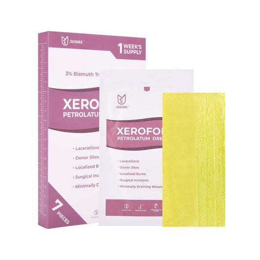 JUSORE Xeroform Petrolatum-Dressing 5"x9" – Medizinische nicht haftende Gaze-Wundauflage für Verbrennungen, Schnittwunden, Hauttransplantationen & chirurgische Einschnitte, 7 einzeln verpackte Stücke