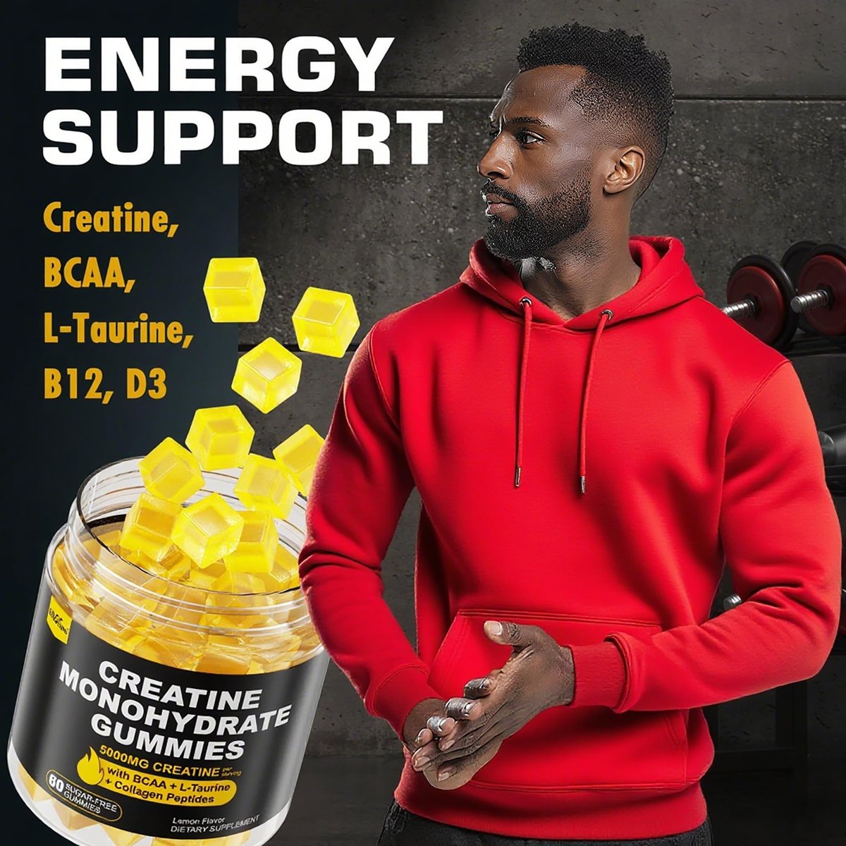 EnvyCure Creatin-Monohydrat-Gummis für Männer und Frauen – mit BCAA, Kollagenpeptiden, L-Taurin, Vitamin B12, D3, 5000 mg (5 g) Creatin-Monohydrat pro Portion, Zitronengeschmack, zuckerfrei, 1 Packung (60 Stück)