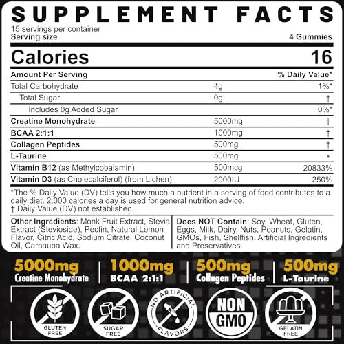 EnvyCure Creatin-Monohydrat-Gummis für Männer und Frauen – mit BCAA, Kollagenpeptiden, L-Taurin, Vitamin B12, D3, 5000 mg (5 g) Creatin-Monohydrat pro Portion, Zitronengeschmack, zuckerfrei, 1 Packung (60 Stück)