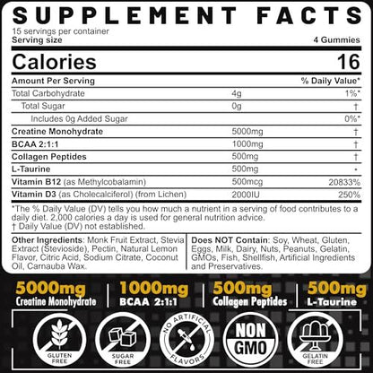 EnvyCure Creatin-Monohydrat-Gummis für Männer und Frauen – mit BCAA, Kollagenpeptiden, L-Taurin, Vitamin B12, D3, 5000 mg (5 g) Creatin-Monohydrat pro Portion, Zitronengeschmack, zuckerfrei, 1 Packung (60 Stück)