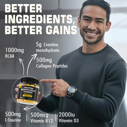 EnvyCure Creatin-Monohydrat-Gummis für Männer und Frauen – mit BCAA, Kollagenpeptiden, L-Taurin, Vitamin B12, D3, 5000 mg (5 g) Creatin-Monohydrat pro Portion, Zitronengeschmack, zuckerfrei, 1 Packung (60 Stück)