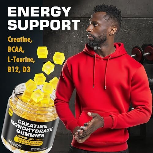 EnvyCure Creatin-Monohydrat-Gummis für Männer und Frauen – mit BCAA, Kollagenpeptiden, L-Taurin, Vitamin B12, D3, 5000 mg (5 g) Creatin-Monohydrat pro Portion, Zitronengeschmack, zuckerfrei, 1 Packung (60 Stück)