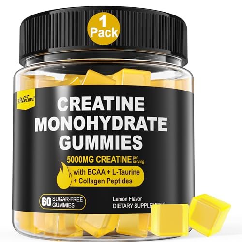 EnvyCure Creatin-Monohydrat-Gummis für Männer und Frauen – mit BCAA, Kollagenpeptiden, L-Taurin, Vitamin B12, D3, 5000 mg (5 g) Creatin-Monohydrat pro Portion, Zitronengeschmack, zuckerfrei, 1 Packung (60 Stück)