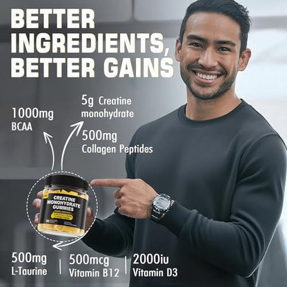 EnvyCure Creatin-Monohydrat-Gummis für Männer und Frauen – mit BCAA, Kollagenpeptiden, L-Taurin, Vitamin B12, D3, 5000 mg (5 g) Creatin-Monohydrat pro Portion, Zitronengeschmack, zuckerfrei, 1 Packung (60 Stück)