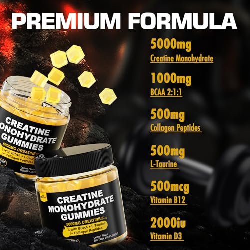 EnvyCure Creatin-Monohydrat-Gummis für Männer und Frauen – mit BCAA, Kollagenpeptiden, L-Taurin, Vitamin B12, D3, 5000 mg (5 g) Creatin-Monohydrat pro Portion, Zitronengeschmack, zuckerfrei, 1 Packung (60 Stück)