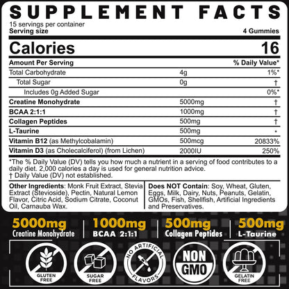 EnvyCure Creatin-Monohydrat-Gummis für Männer und Frauen – mit BCAA, Kollagenpeptiden, L-Taurin, Vitamin B12, D3, 5000 mg (5 g) Creatin-Monohydrat pro Portion, Zitronengeschmack, zuckerfrei, 1 Packung (60 Stück)