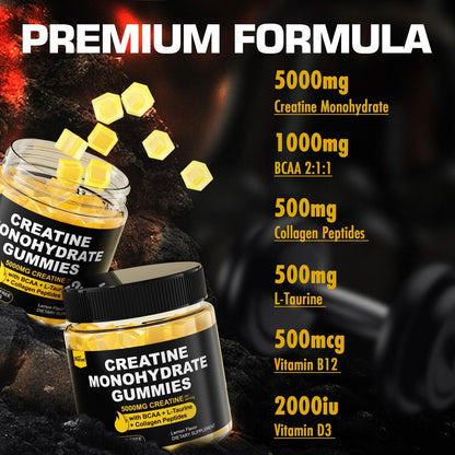 EnvyCure Creatin-Monohydrat-Gummis für Männer und Frauen – mit BCAA, Kollagenpeptiden, L-Taurin, Vitamin B12, D3, 5000 mg (5 g) Creatin-Monohydrat pro Portion, Zitronengeschmack, zuckerfrei, 1 Packung (60 Stück)