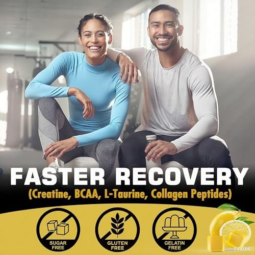 EnvyCure Creatin-Monohydrat-Gummis für Männer und Frauen – mit BCAA, Kollagenpeptiden, L-Taurin, Vitamin B12, D3, 5000 mg (5 g) Creatin-Monohydrat pro Portion, Zitronengeschmack, zuckerfrei, 1 Packung (60 Stück)