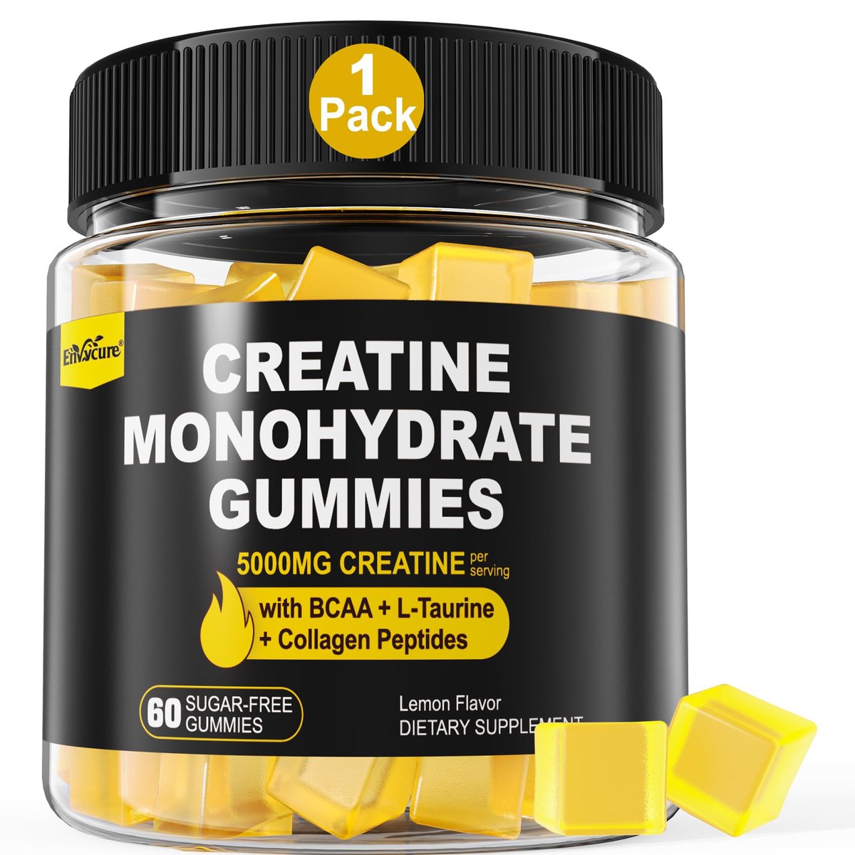 EnvyCure Creatin-Monohydrat-Gummis für Männer und Frauen – mit BCAA, Kollagenpeptiden, L-Taurin, Vitamin B12, D3, 5000 mg (5 g) Creatin-Monohydrat pro Portion, Zitronengeschmack, zuckerfrei, 1 Packung (60 Stück)
