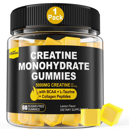 EnvyCure Creatin-Monohydrat-Gummis für Männer und Frauen – mit BCAA, Kollagenpeptiden, L-Taurin, Vitamin B12, D3, 5000 mg (5 g) Creatin-Monohydrat pro Portion, Zitronengeschmack, zuckerfrei, 1 Packung (60 Stück)