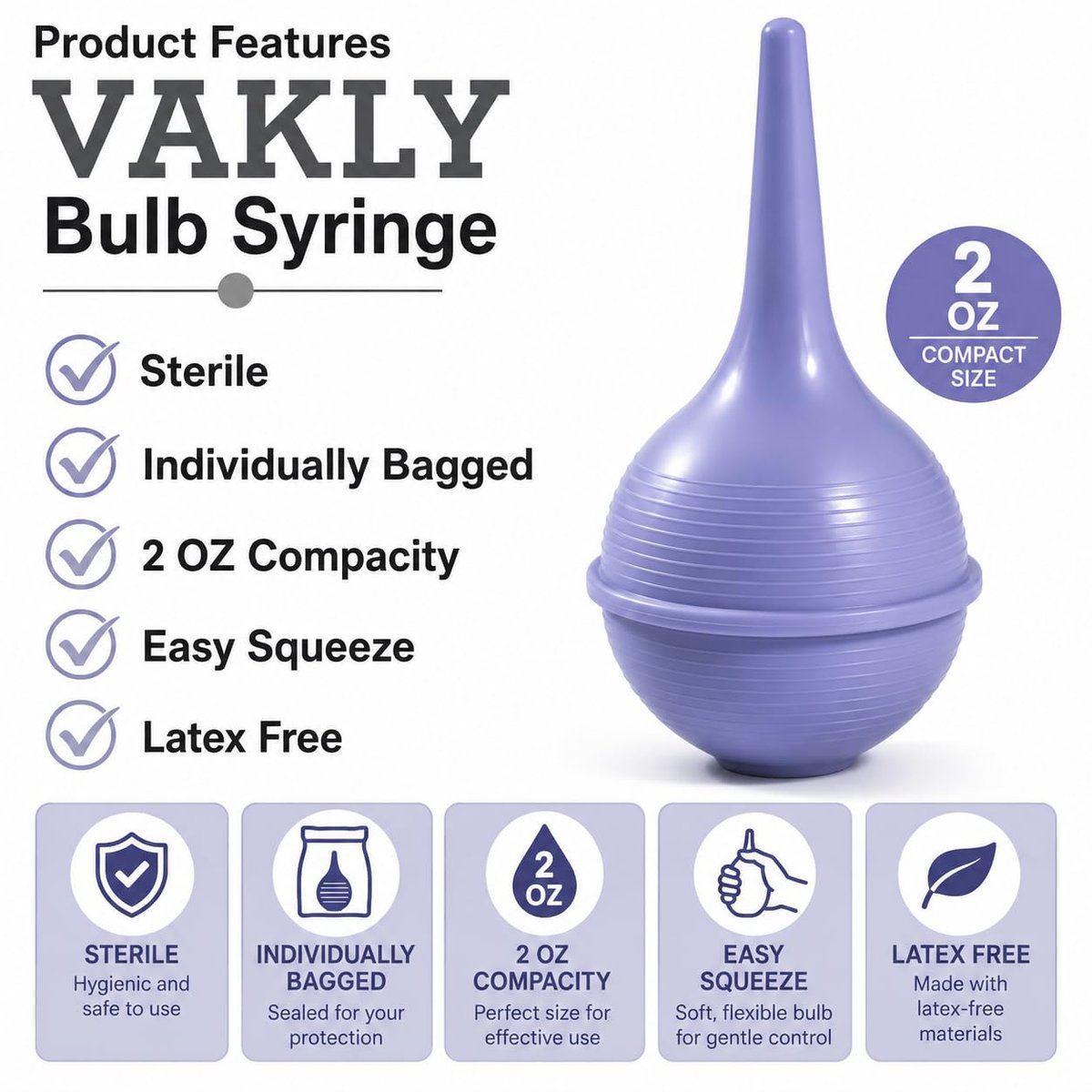 Vakly Sterile Bulb Syringe 2 oz (5er Pack) – Gummibirne zur Ohren- & Nasenreinigung, Ohrenschmalzentfernung & Spülung, einfache Handhabung für Baby & Erwachsene