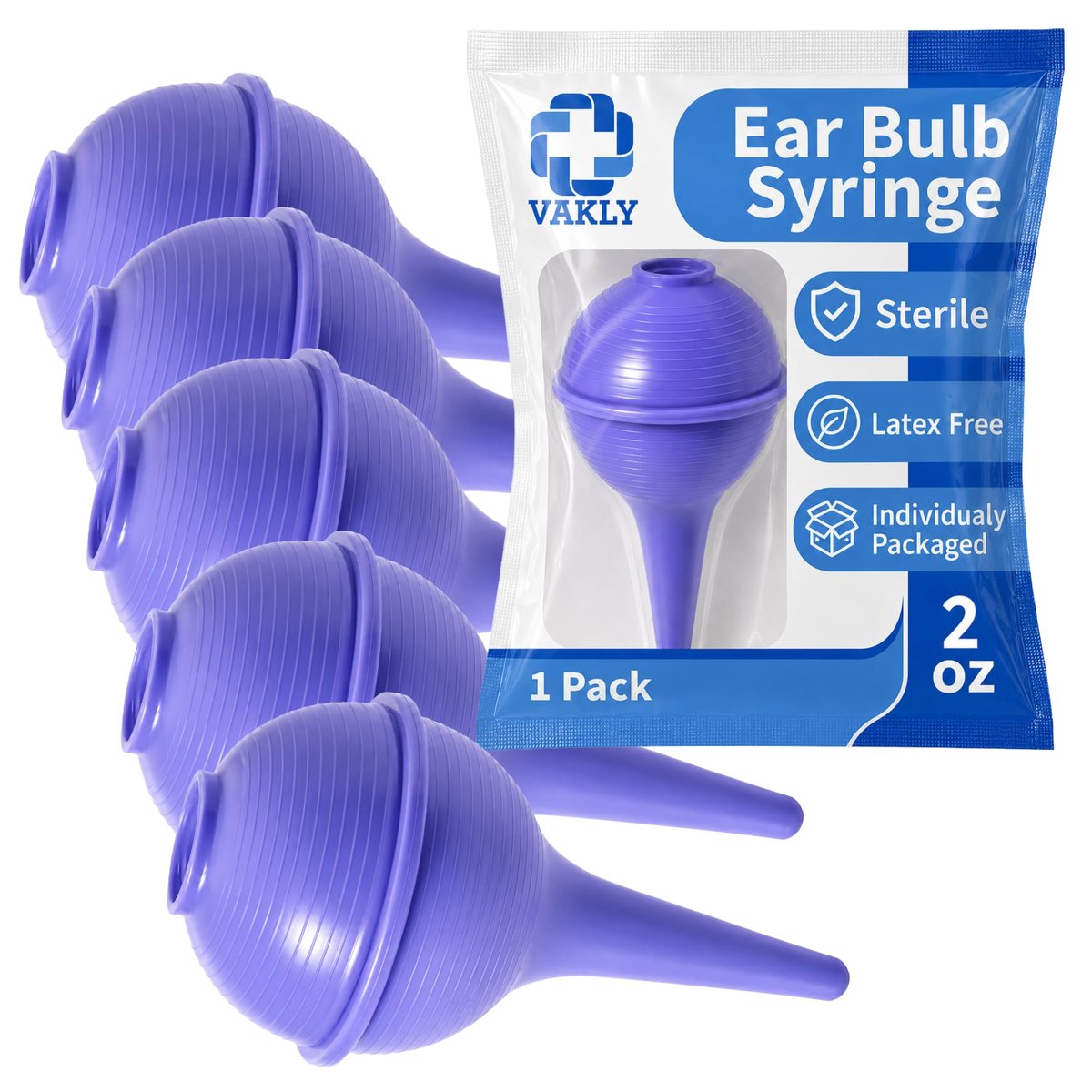 Vakly Sterile Bulb Syringe 2 oz (5er Pack) – Gummibirne zur Ohren- & Nasenreinigung, Ohrenschmalzentfernung & Spülung, einfache Handhabung für Baby & Erwachsene