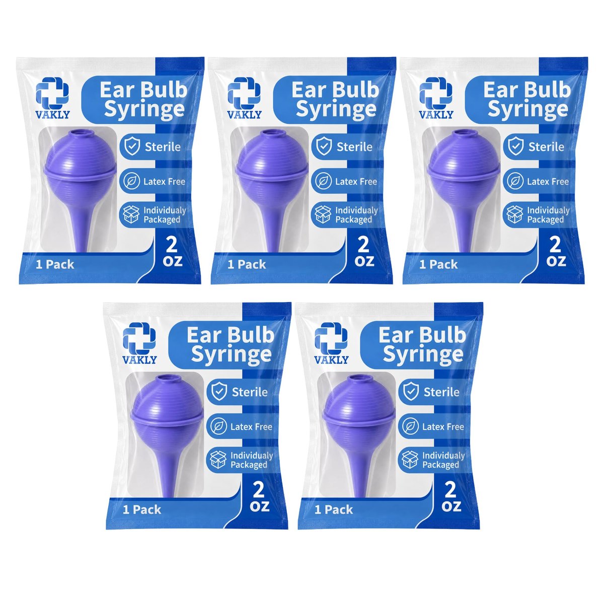 Vakly Sterile Bulb Syringe 2 oz (5er Pack) – Gummibirne zur Ohren- & Nasenreinigung, Ohrenschmalzentfernung & Spülung, einfache Handhabung für Baby & Erwachsene