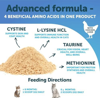 L-Lysin für Katzen - Lysinpulver Ergänzung - 900mg/Portion - Immununterstützung für Katzen & Kätzchen - Niesen, laufende Nase, tränende Augen, Erkältung, Augengesundheit, Atemwegsgesundheit - mit Taurin