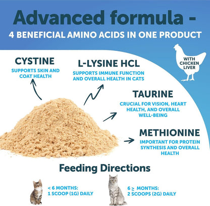 L-Lysin für Katzen - Lysinpulver Ergänzung - 900mg/Portion - Immununterstützung für Katzen & Kätzchen - Niesen, laufende Nase, tränende Augen, Erkältung, Augengesundheit, Atemwegsgesundheit - mit Taurin