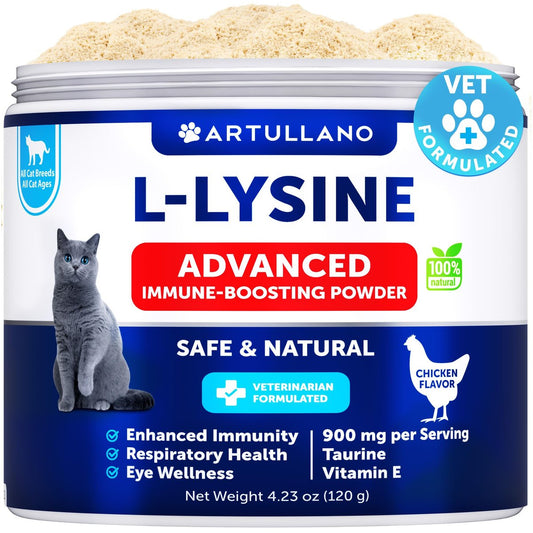 L-Lysin für Katzen - Lysinpulver Ergänzung - 900mg/Portion - Immununterstützung für Katzen & Kätzchen - Niesen, laufende Nase, tränende Augen, Erkältung, Augengesundheit, Atemwegsgesundheit - mit Taurin