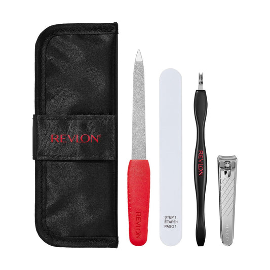 Revlon Maniküre Essentials Set mit Reiseetui – Nagelpflege-Set mit doppelseitigem Nagelhautentferner, gebogener Nagelzange, kompakter Feile und Buffer (1 Packung)