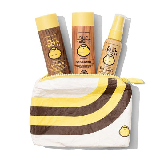 Sun Bum Haarpflege Reise-Essentials Kit - Belebendes Shampoo, Conditioner und 3-in-1 Leave-In Treatment inklusive Aloha Reisetasche