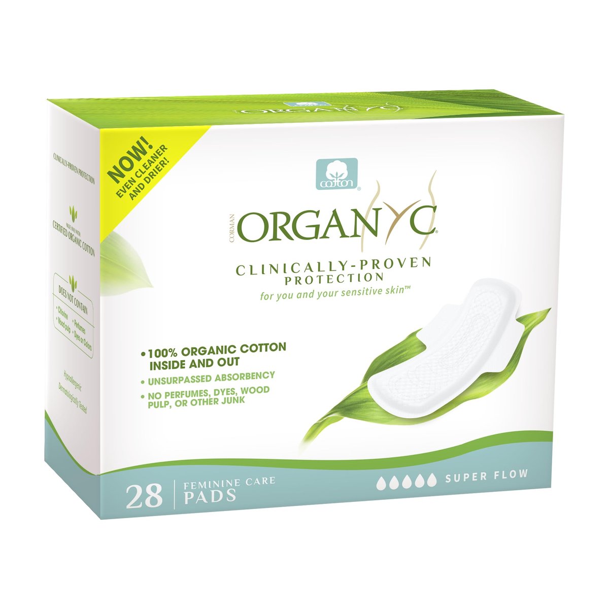 Organyc 100% Bio-Baumwoll-Binden für die Nacht, stärkste Menstruation, super saugfähig, 28 Stück