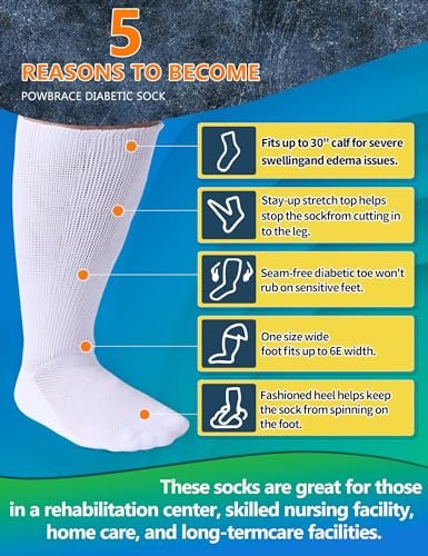 Powbrace 2 Paar Weite Diabetikersocken für Damen und Herren, Übergröße, Lymphödem-Socken, Socken für geschwollene Füße und Knöchel, Ödem-Socken, lockere Passform, nicht einschnürend, bariatrische Socken, Krankenhaus-Gipssocken – Alle Schwarz