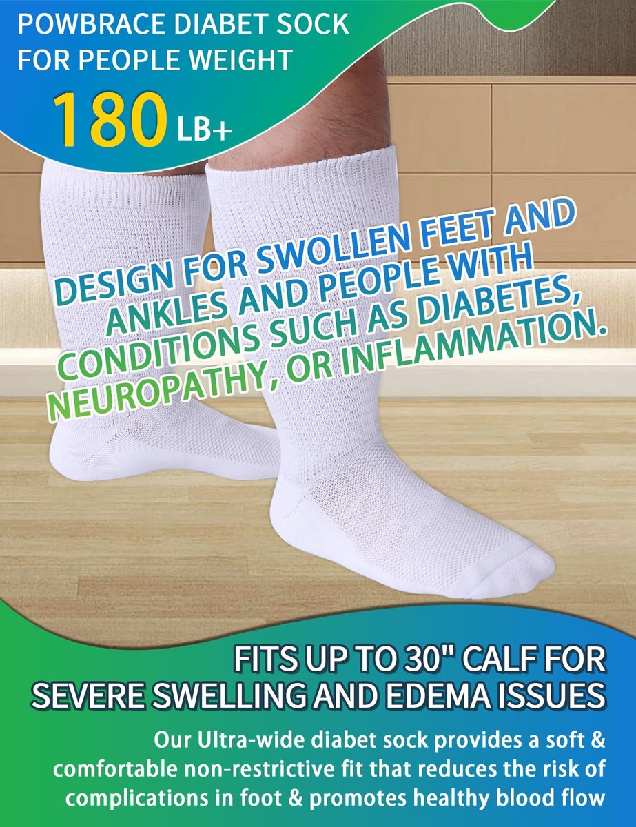 Powbrace 2 Paar Weite Diabetikersocken für Damen und Herren, Übergröße, Lymphödem-Socken, Socken für geschwollene Füße und Knöchel, Ödem-Socken, lockere Passform, nicht einschnürend, bariatrische Socken, Krankenhaus-Gipssocken – Alle Schwarz