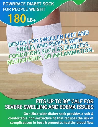 Powbrace 2 Paar Weite Diabetikersocken für Damen und Herren, Übergröße, Lymphödem-Socken, Socken für geschwollene Füße und Knöchel, Ödem-Socken, lockere Passform, nicht einschnürend, bariatrische Socken, Krankenhaus-Gipssocken – Alle Schwarz