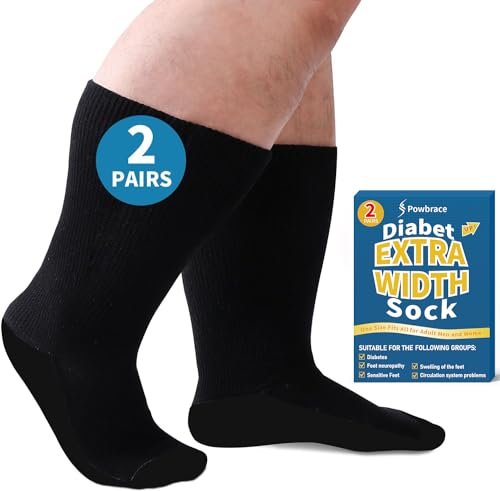 Powbrace 2 Paar Weite Diabetikersocken für Damen und Herren, Übergröße, Lymphödem-Socken, Socken für geschwollene Füße und Knöchel, Ödem-Socken, lockere Passform, nicht einschnürend, bariatrische Socken, Krankenhaus-Gipssocken – Alle Schwarz