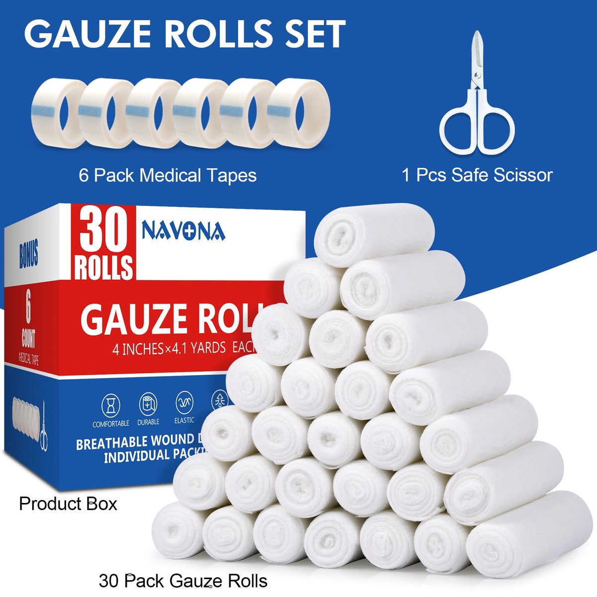 Navona Mullbinden 30er Pack, 10 cm x 3,7 m, einzeln gerollte Mullbinden, Mumienwickel, Premium-Wundwickelrollen