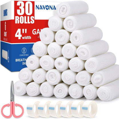 Navona Mullbinden 30er Pack, 10 cm x 3,7 m, einzeln gerollte Mullbinden, Mumienwickel, Premium-Wundwickelrollen