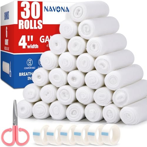 Navona Mullbinden 30er Pack, 10 cm x 3,7 m, einzeln gerollte Mullbinden, Mumienwickel, Premium-Wundwickelrollen