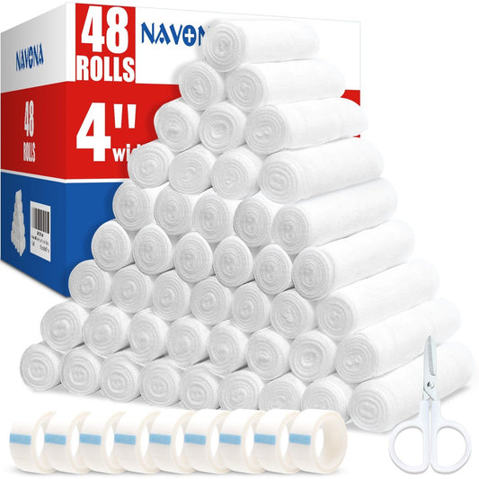 Navona 48er-Pack Mullbinden 10 cm x 3,7 m, einzeln verpackte, atmungsaktive Rollgaze, Mumienwickel, Wundwickelrolle