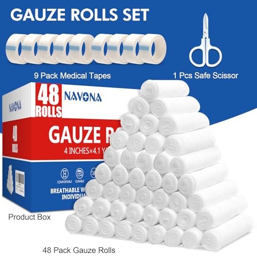 Navona 48er-Pack Mullbinden 10 cm x 3,7 m, einzeln verpackte, atmungsaktive Rollgaze, Mumienwickel, Wundwickelrolle