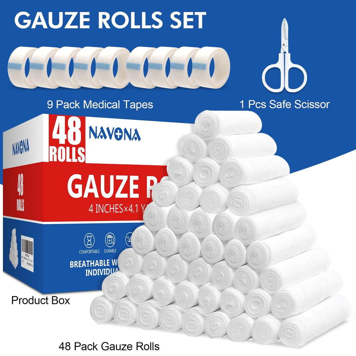 Navona 48er-Pack Mullbinden 10 cm x 3,7 m, einzeln verpackte, atmungsaktive Rollgaze, Mumienwickel, Wundwickelrolle
