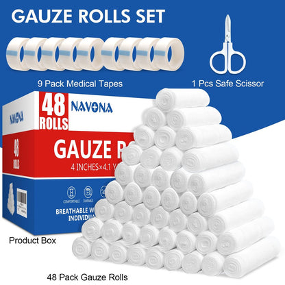 Navona 48er-Pack Mullbinden 10 cm x 3,7 m, einzeln verpackte, atmungsaktive Rollgaze, Mumienwickel, Wundwickelrolle
