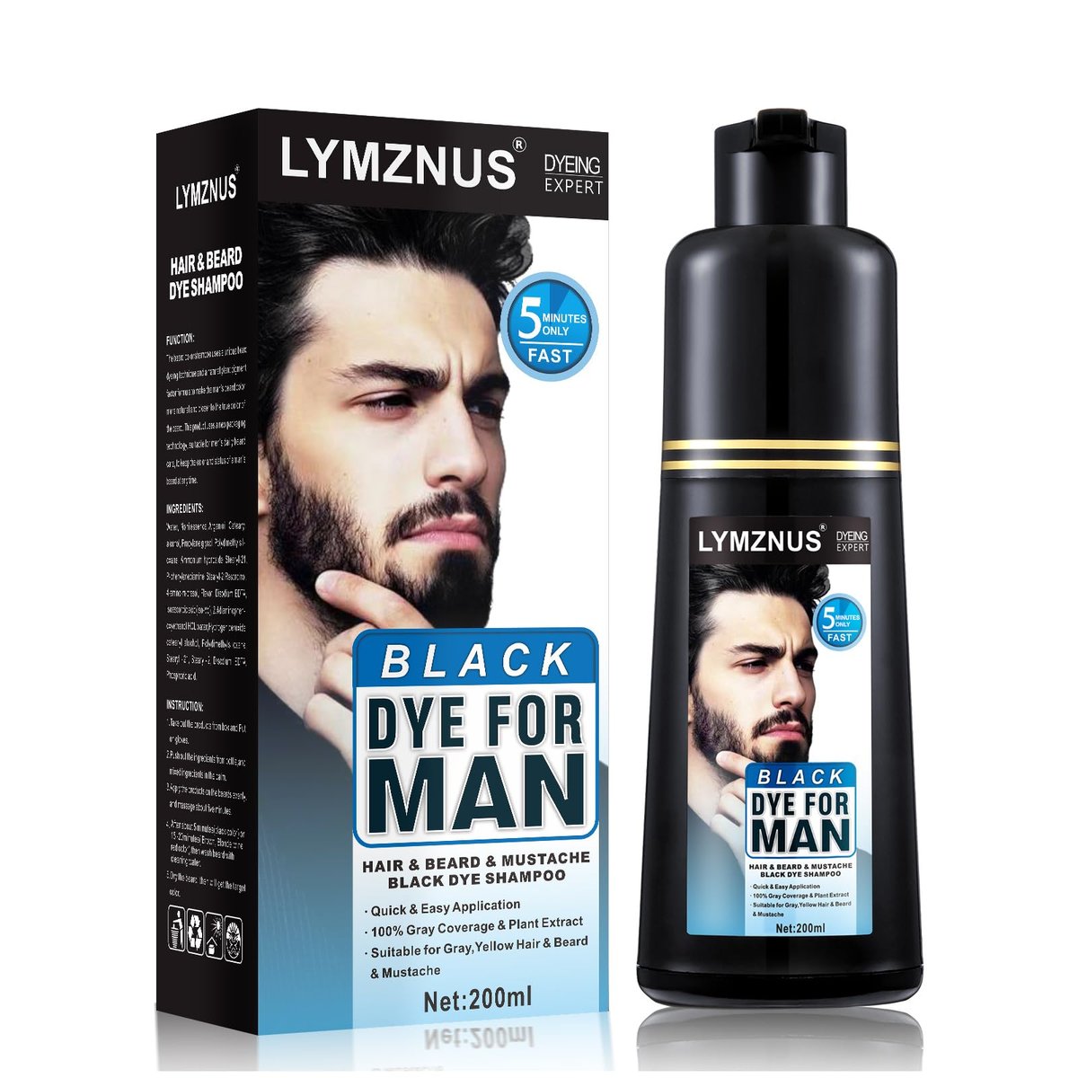 Männer Bart- und Schnurrbartfarbe für graue Haare - Natürliches Schwarz in 5 Minuten, einfache Anwendung Shampoo für Gesichtshaare 200ml