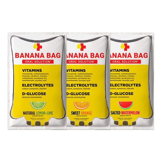 Banana Bag Oral Solution Packets – Sortenpaket 6er-Pack | Erfrischende Mischung aus Elektrolyten, Vitamin C und B-Komplex für Hydration und täglichen Energie-Kick – zu Hause, bei der Arbeit oder unterwegs