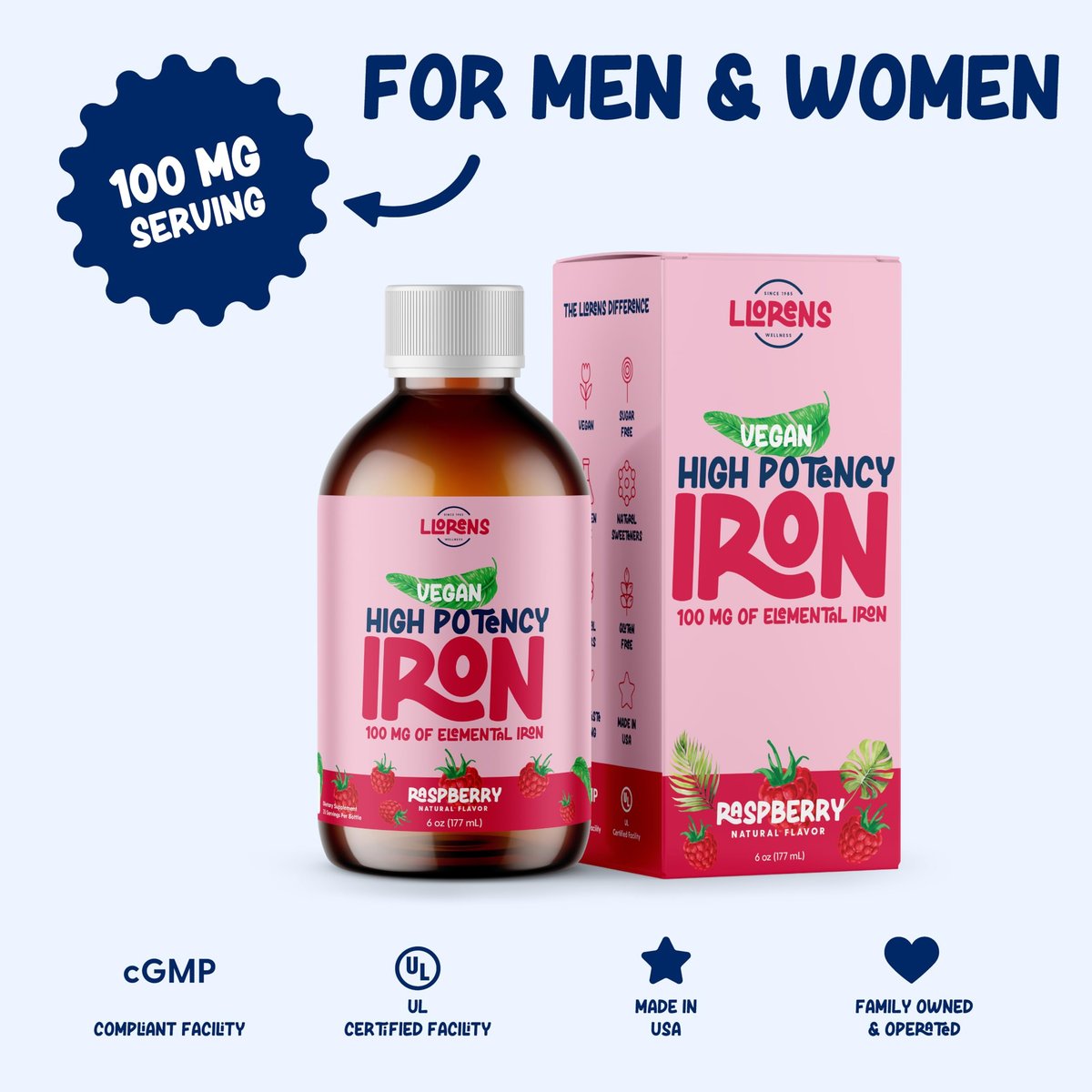 Eisenpräparat Flüssiges Eisen mit hoher Potenz für Frauen & Erwachsene von Llorens - 100 mg Polysaccharid-Eisen-Komplex zur Behandlung von Anämie und Eisenmangel (Himbeere, 177 ml)