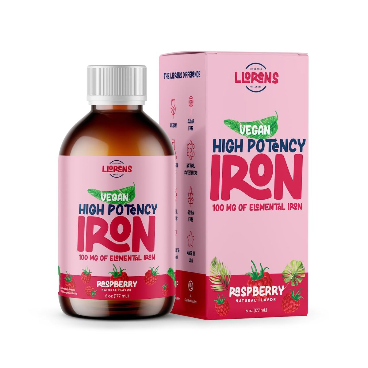 Eisenpräparat Flüssiges Eisen mit hoher Potenz für Frauen & Erwachsene von Llorens - 100 mg Polysaccharid-Eisen-Komplex zur Behandlung von Anämie und Eisenmangel (Himbeere, 177 ml)