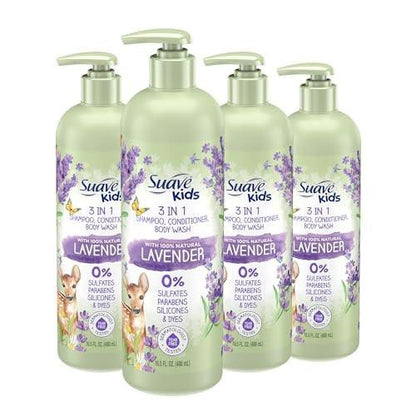 Suave Kids Natürliches Lavendelöl 3-in-1 Tränenfrei Duschgel, Shampoo und Spülung, Ohne Sulfate, Ohne Parabene, Ohne Silikone, Ohne Farbstoffe, 16,5 Fl Oz (4er-Pack)