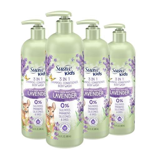 Suave Kids Natürliches Lavendelöl 3-in-1 Tränenfrei Duschgel, Shampoo und Spülung, Ohne Sulfate, Ohne Parabene, Ohne Silikone, Ohne Farbstoffe, 16,5 Fl Oz (4er-Pack)