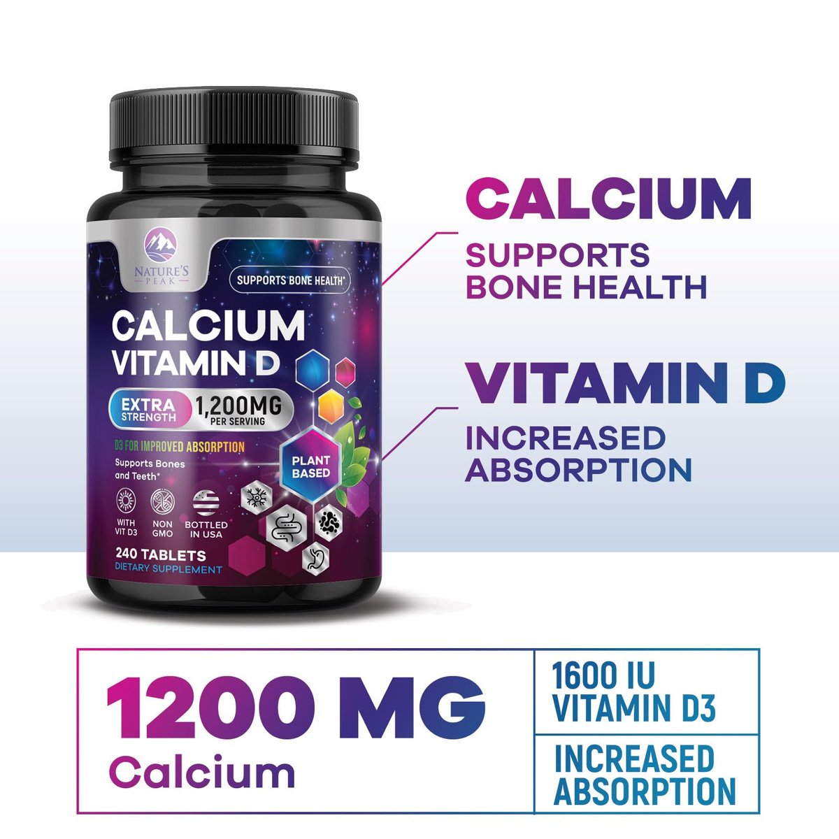 Calcium 1200 mg pro Portion mit Vitamin D3 – Knochengesundheit, Zahn- & Immununterstützung, für Frauen & Männer, 240 Tabletten